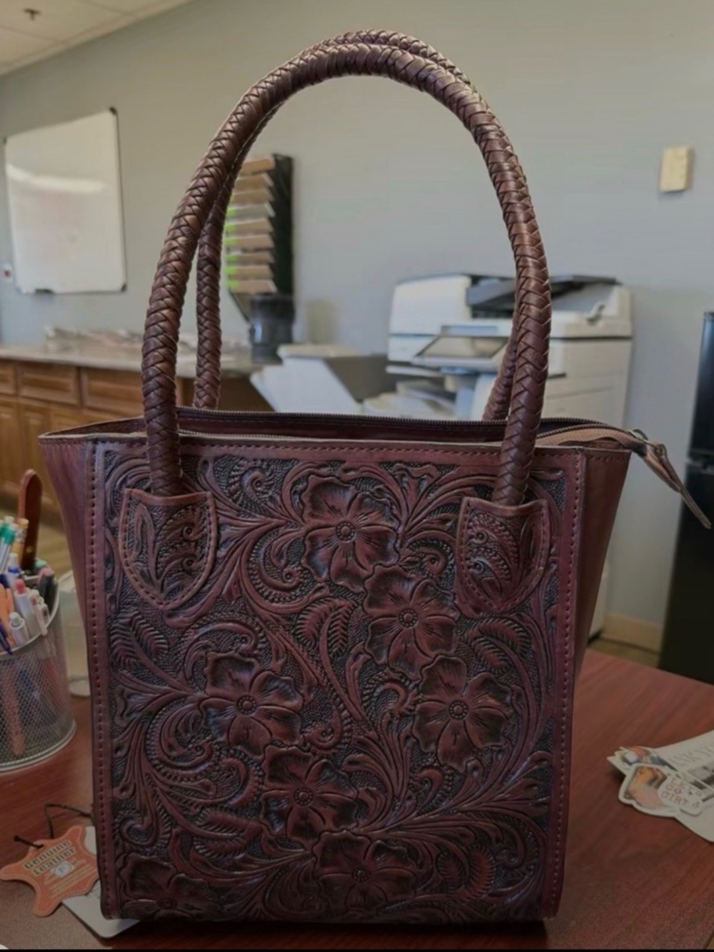 OLAY Hand-Tooled Floral Leather Tote - Dark Brown